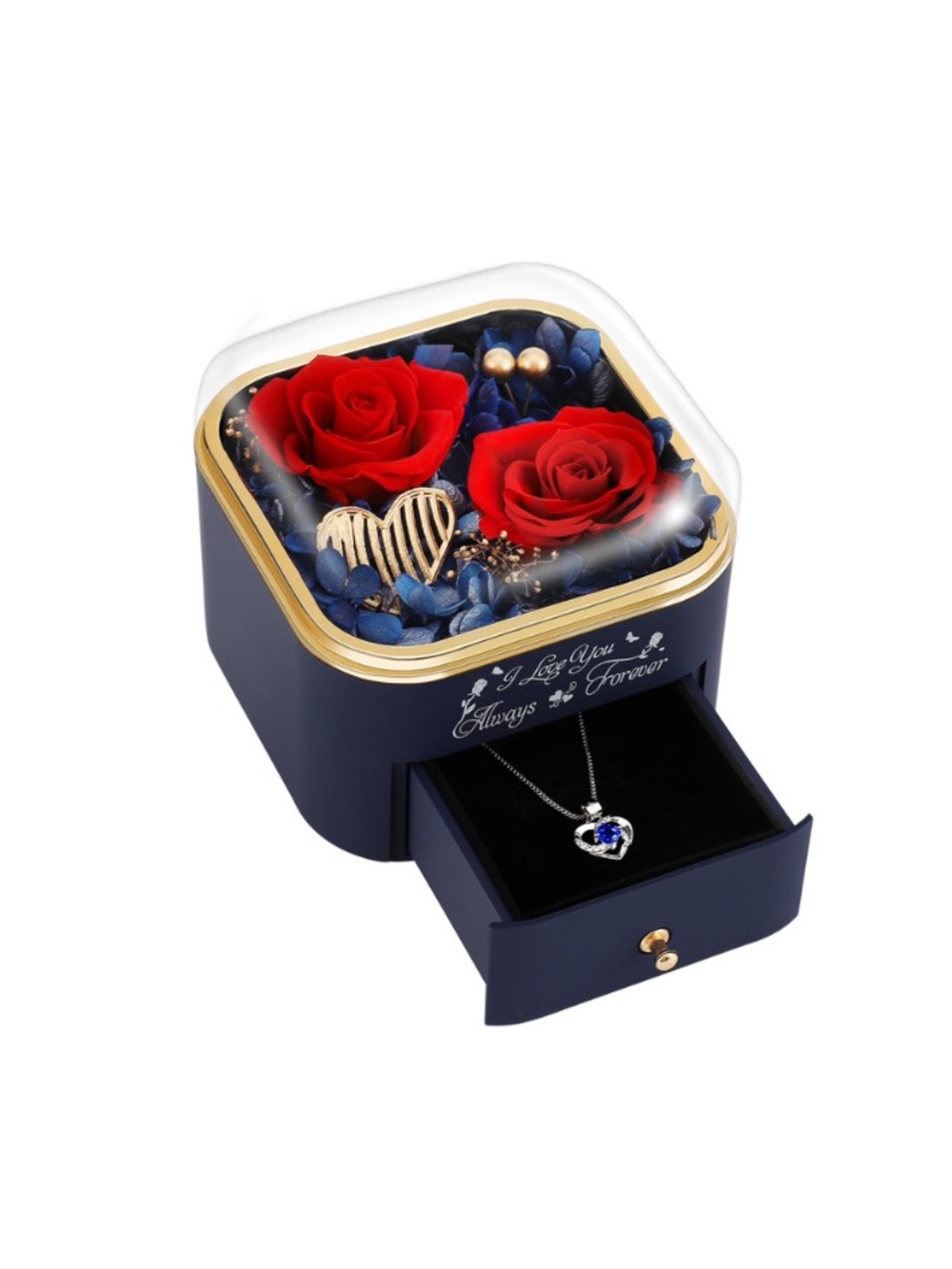 Elegant Navy Floral Jewelry Box with Red Preserved Roses and Heart Pendant